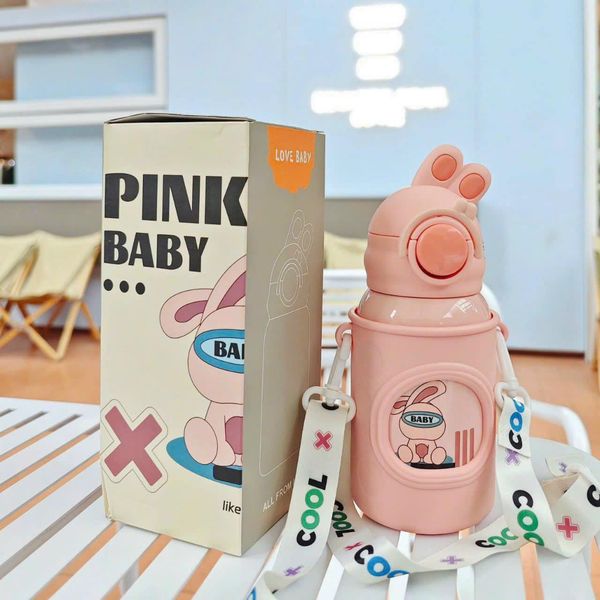 Bình Giữ Nhiệt Gulugu Họa Tiết Tai Thỏ Lõi Inox Chống Gỉ Kèm Quai Đeo 500ML Màu Ngẫu Nhiên