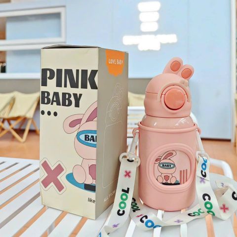 Bình Giữ Nhiệt Gulugu Họa Tiết Tai Thỏ Lõi Inox Chống Gỉ Kèm Quai Đeo 500ML Màu Ngẫu Nhiên