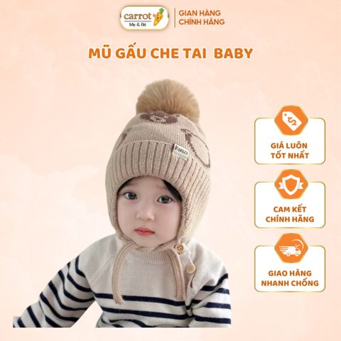 Mũ Nón Bịt Tai Mùa Đông Hoạ Tiết Gấu Cho Bé Trai Bé Gái, Có Dây Buộc