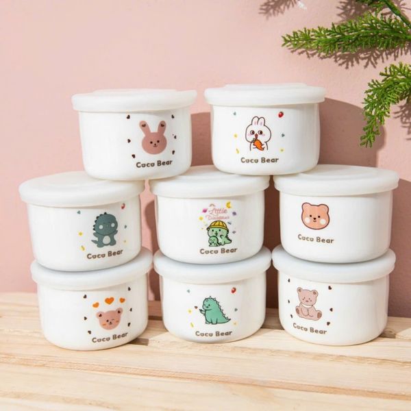 Bát Sứ Ăn Dặm Coco Bear Hình Gấu Xuất Hàn, Có Chia Vạch Và Nắp Đậy