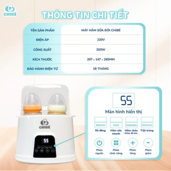 Máy Hâm Sữa Đôi Và Triệt Trùng CHIBE CB017, Máy Hâm Sữa Rã Đông Đa Chức Năng