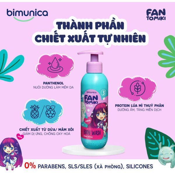 Sữa Tắm Cho Bé Gái Bimunica Fantomiki Cho Bé Gái Từ 3 Tuổi – 250ml Không Cay Mắt, Làm Sạch, Làm Mềm