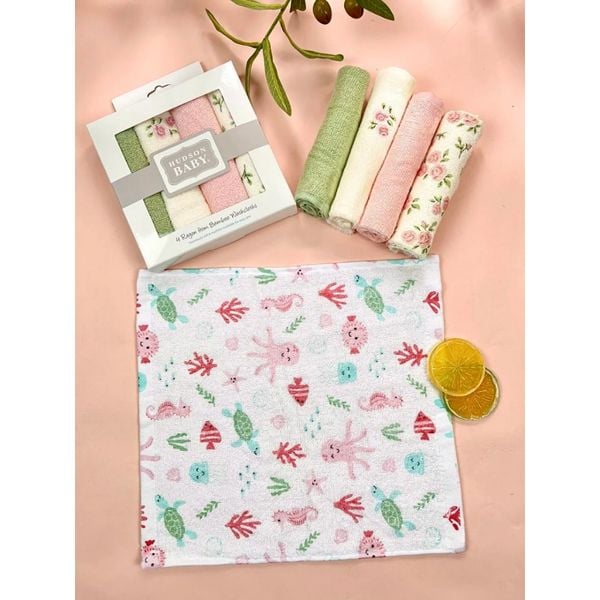 Hộp 4 Khăn Bông Sợi Tre HUDSON, Khăn Sữa Cho Bé