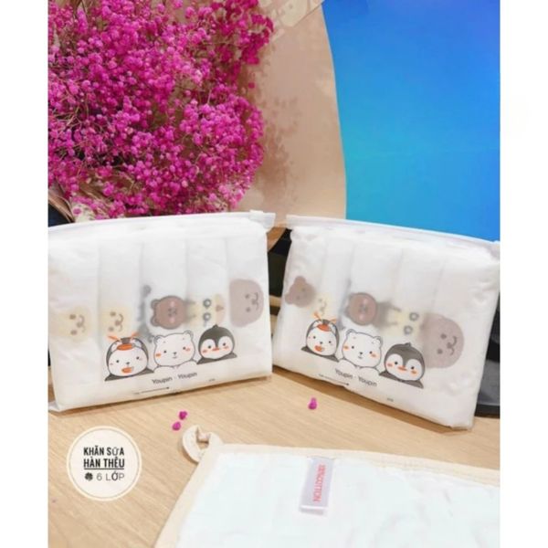 Set 5 Khăn Sữa Xô In Gấu Youpin, Mềm Mại, An Toàn Cho Bé