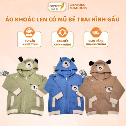 Áo Khoác Len Có Mũ Bé Trai Hình Gấu, Áo Khoác Cho Bé Mặc Thu Đông