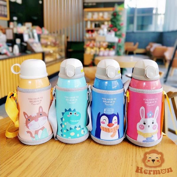 Bình Nước Hermon Giữ Nhiệt 600ml, 2 Nắp Có Ống Hút Cho Bé Đi Học, Nhà Trẻ, Mầm Non Và Đi Chơi