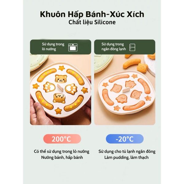 Khuôn Silicon Hình Thú Làm Bánh, Xúc Xích Thức Ăn Cho Bé, Khuôn Hấp Bánh Có Nắp