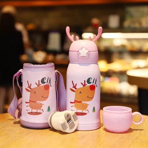 Bình Nước Giữ Nhiệt Cho Bé Hình Hưu 500ml Inox 316 Không Gỉ Kèm Túi