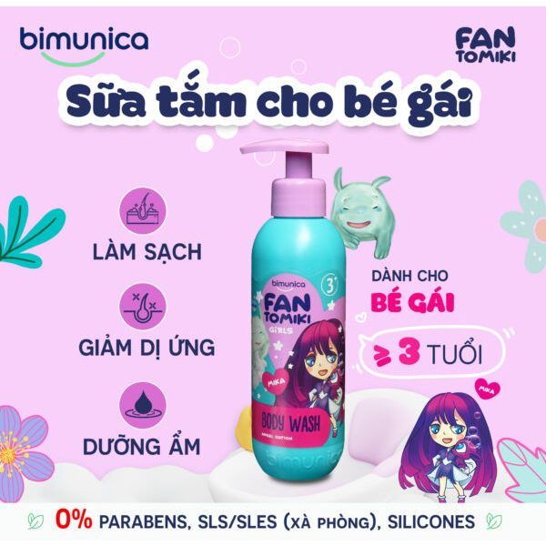 Sữa Tắm Cho Bé Gái Bimunica Fantomiki Cho Bé Gái Từ 3 Tuổi – 250ml Không Cay Mắt, Làm Sạch, Làm Mềm