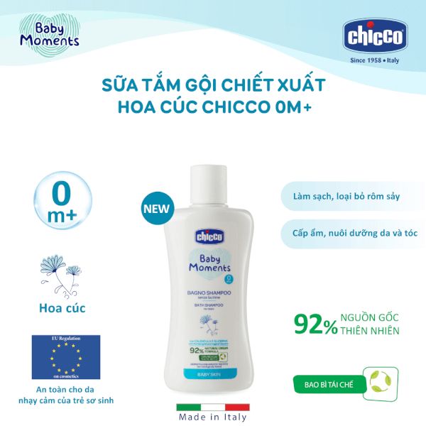 Sữa tắm gội chiết xuất Hoa Cúc 0M+ Chicco 200ml, Giúp Làm Mềm Tóc Và Giữ Ẩm Cho Da Bé