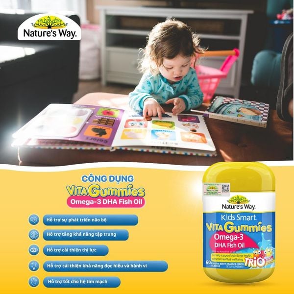 Kẹo Dẻo  Omega-3 DHA Fish Oil Nature's Way Kids Smart Vita Gummies Hộp 60 Viên Giúp Tăng Cường Trí Thông Minh Cho Bé