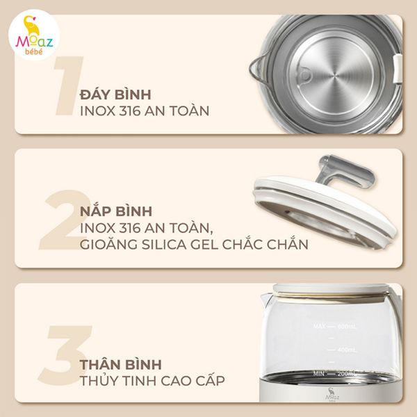 Bình Đun Nước Moaz MB099, Bình Đun Nước 600ML Kèm Túi Đựng Bảo Quản