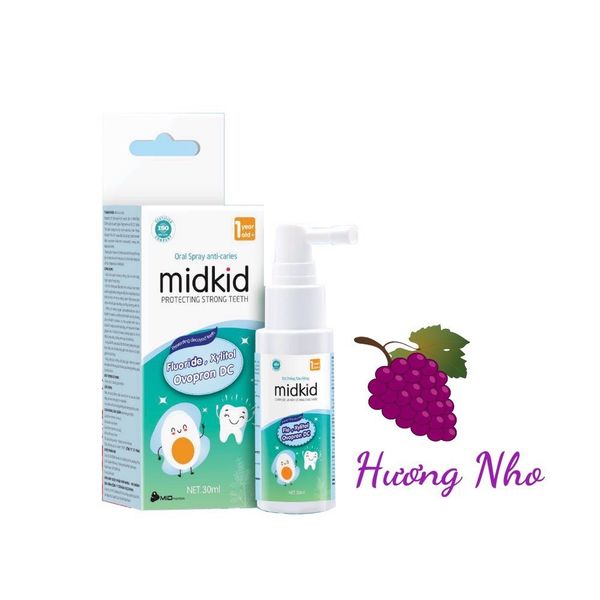 Xịt chống sâu răng cho bé midkid giảm hôi miệng, ố vàng răng, sâu sún răng, an toàn cho bé, hương nho 20ml