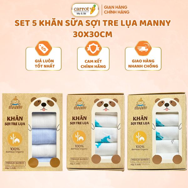 Set 5 Khăn Sữa Sợi Tre Cho Bé Manny 100% Bamboo Organic 30x30cm, Mềm Mịn, Thấm Hút Tốt