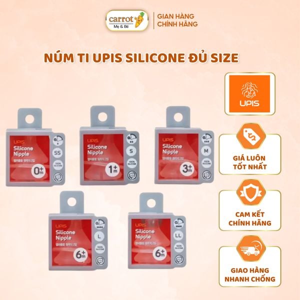 Núm Ti Bình Upis Silicone Mềm Mại Đủ size SS, S, M, L, LL Cho Bé 0-6M+
