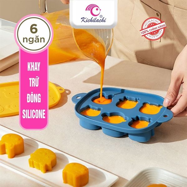 Khay Trữ Đông silicone KICHI, Bảo Quản Đồ Ăn Cho Bé, Kèm Nắp Đậy Có 6 Ngăn Hình Thú