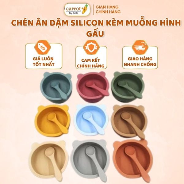 Chén Ăn Dặm Silicon Kèm Muỗng Hình Gấu Có Đế Hít Chống Đổ Cho Bé
