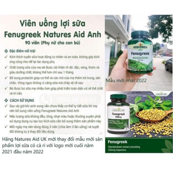 Viên Uống Lợi Sữa Cỏ Cà Ri Natures Aid Fenugreek 500mg, Anh 90 Viên
