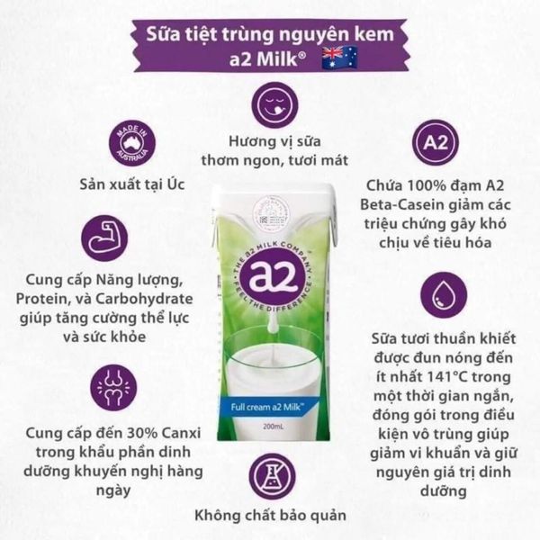[ Lốc 6 Hộp] Sữa Tươi Sữa Triệt Trùng A2 Nguyên Kem 200ml