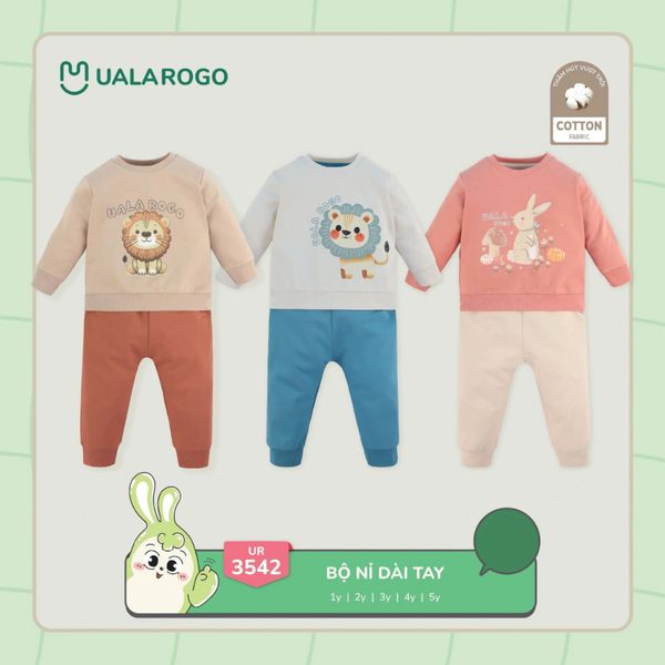 Bộ Dài Tay Nỉ Chéo Ualarogo UR3542 Cho Bé Trai Bé Gái, Bộ Dài Tay Cho Bé 1-5 Tuổi