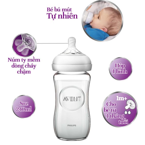 Bình Sữa Thủy Tinh Philips Avent  240ML, Bình Sữa Thuỷ Tinh Cổ Rộng Chính Hãng