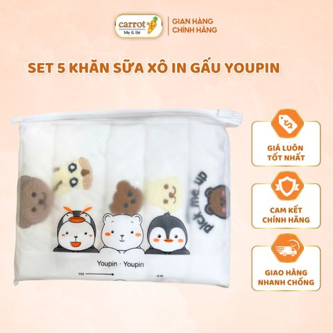 Set 5 Khăn Sữa Xô In Gấu Youpin, Mềm Mại, An Toàn Cho Bé