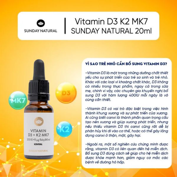 Vitamin Cho Bé  D3 K2 MK7 Sunday Nature Giúp Tăng Chiều Cao Cho Bé
