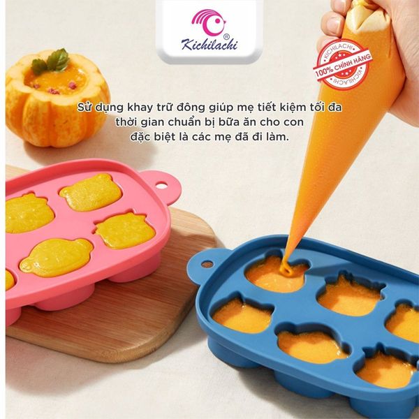 Khay Trữ Đông silicone KICHI, Bảo Quản Đồ Ăn Cho Bé, Kèm Nắp Đậy Có 6 Ngăn Hình Thú