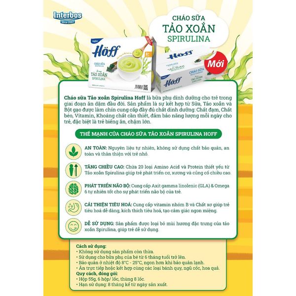 Cháo Sữa Hoff Bổ Sung Chất Xơ Hệ Tiêu Hoá Cho Bé Từ 6 Tháng Vị Cháo Mạch, Tảo Xoắn (Lốc 6 Hộp)