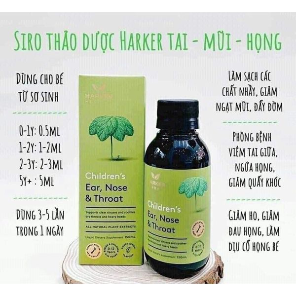 Siro Harker Herbals Children tai mũi họng xanh lá dành cho trẻ 0-12 tuổi 150ml