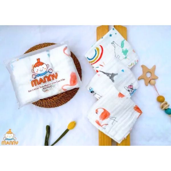 Set 3 Khăn Sữa Manny Kháng Khuẩn, Nấm Móc, Khăn Sữa Sợi Tre Mềm Mại, Thấm Hút Tốt