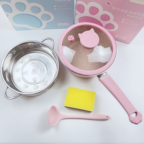 Bộ Nồi Xửng Hình Mèo Fashion, Bộ Nồi Chảo Đá Nấu Ăn Dặm Cho Bé