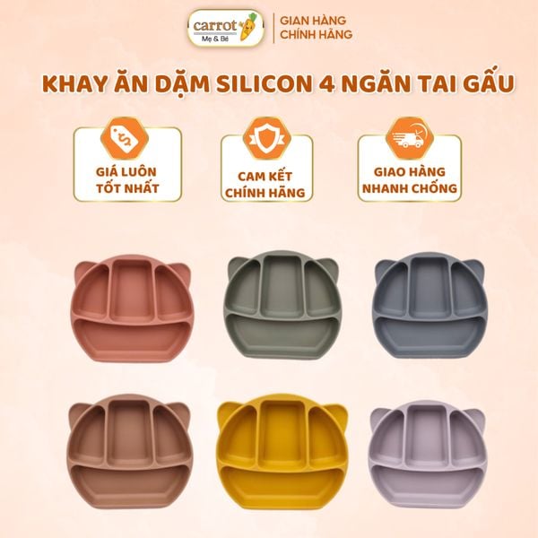 Khay Ăn Dặm Silicon 4 Ngăn Tai Gấu Có Đế Hút Chân Không