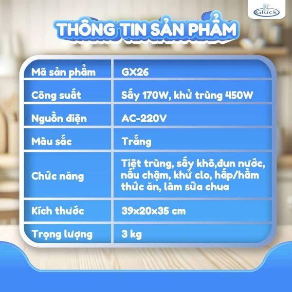 Máy Tiệt Trùng Đa Năng Gluck GX26, Máy Hầm Cháo Chậm Cao Cấp, Mấy Sấy Khô, Bình Đun Nước