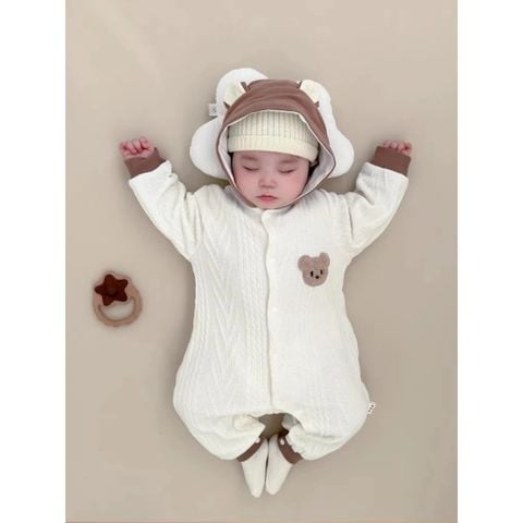 Body Len Mũ Liền H&B Kids Thêu Hình Gấu Cho Bé Trai Bé Gái