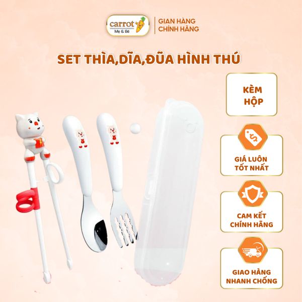 Set Thìa, Dĩa, Đũa Hình Thú Kèm Hộp Đựng Cho Bé