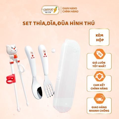 Set Thìa, Dĩa, Đũa Hình Thú Kèm Hộp Đựng Cho Bé