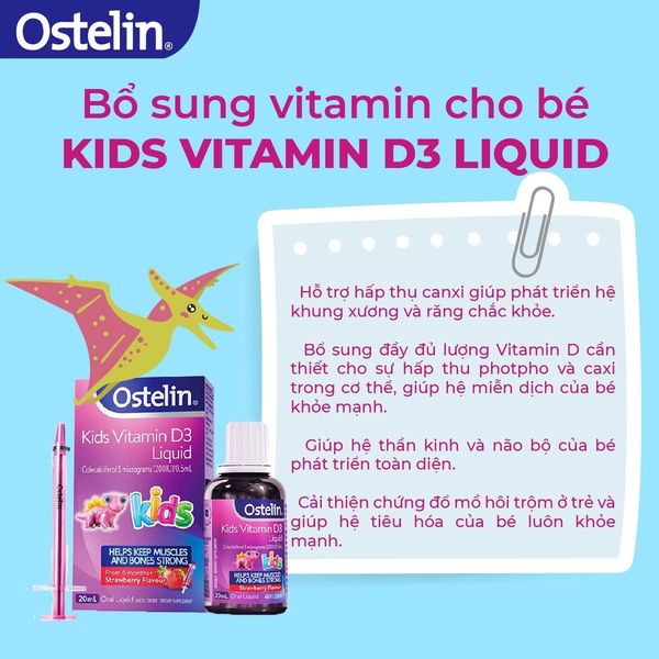 Vitamin D3 Ostelin Kids Liquid 20ml Dạng Nước 200IU, Của Úc Giúp Phòng Tránh Còi Xương, Suy Dinh Dưỡng Cho Bé