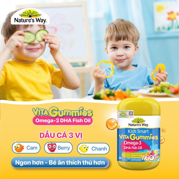 Kẹo Dẻo  Omega-3 DHA Fish Oil Nature's Way Kids Smart Vita Gummies Hộp 60 Viên Giúp Tăng Cường Trí Thông Minh Cho Bé