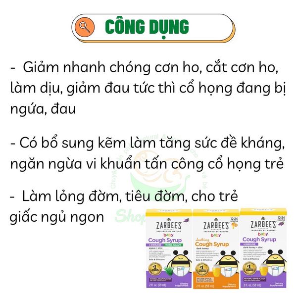 Siro ho tiêu đờm tăng đề kháng + kẽm Zinc Zarbee's Baby Cough Syrup cho trẻ sơ sinh 59ml 12-24T