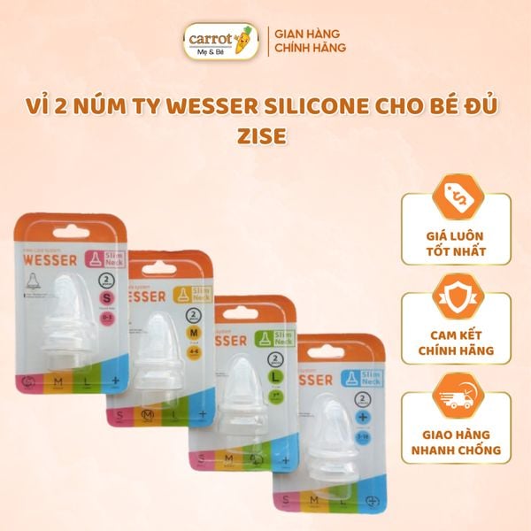 Vỉ 2 Núm Ty Wesser Silicone  Cổ Hẹp Cho Bé Đủ Zise