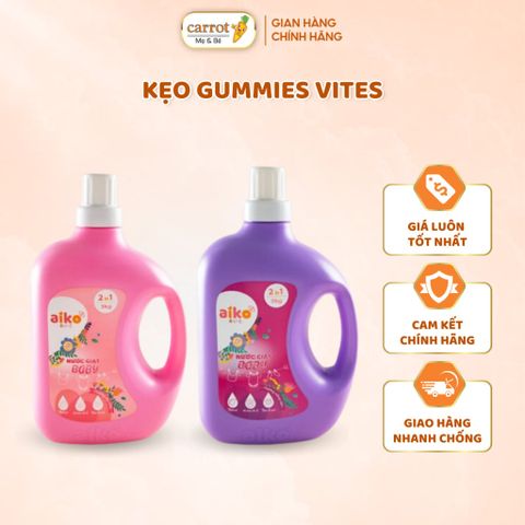 Nước Giặt Xả Quần Áo Trẻ Em Aiko 2 in 1 Can 3 Lít, An Toàn Cho Da Nhạy Cảm- Siêu Thị Mẹ Và Bé Carrot