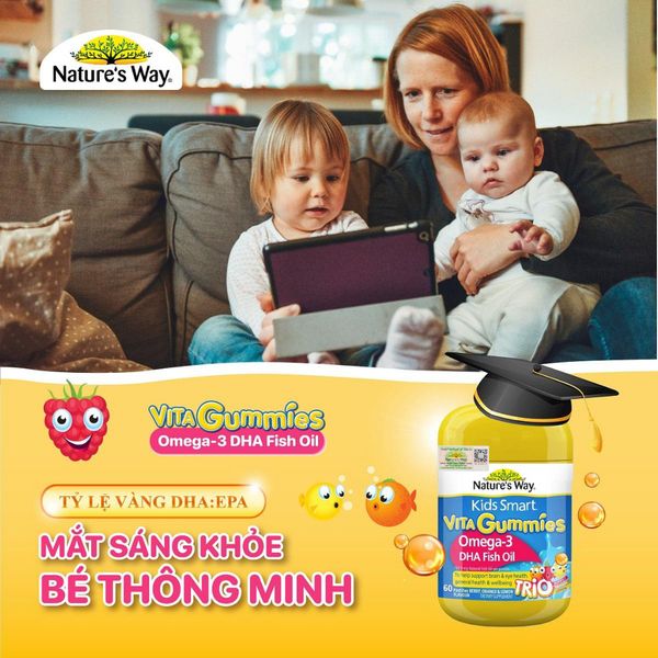 Kẹo Dẻo  Omega-3 DHA Fish Oil Nature's Way Kids Smart Vita Gummies Hộp 60 Viên Giúp Tăng Cường Trí Thông Minh Cho Bé