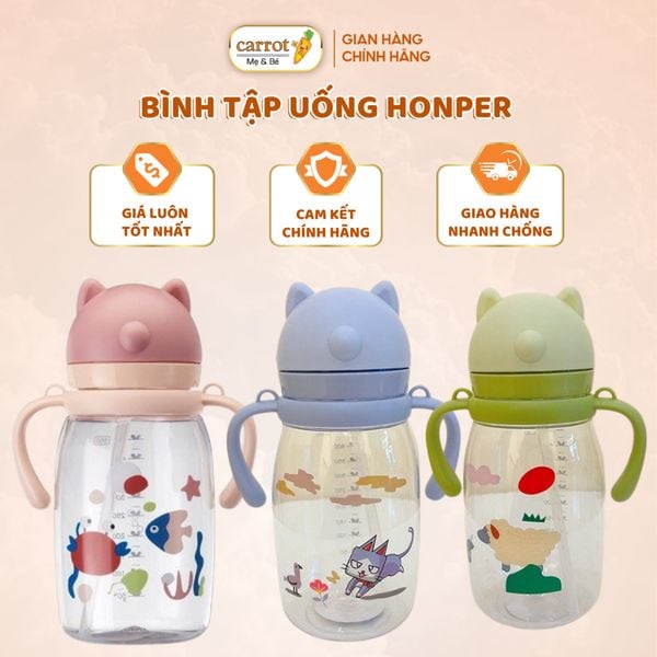 Bình Tập Uống Honper Tai Gấu 550ML Có Dây Đeo, Bình Uống Nước Cho Bé