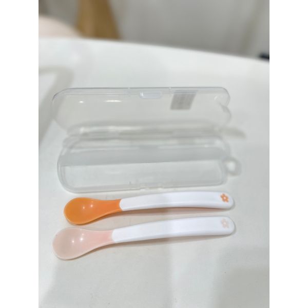 Set 2 Thìa Báo Nóng Hồng, Cam, Muỗng Ăn Dặm Cho Bé Kèm Hộp