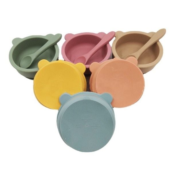 Chén Ăn Dặm Silicon Kèm Muỗng Hình Gấu Có Đế Hít Chống Đổ Cho Bé