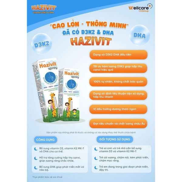 Hazivit Spray D3K2 & DHA, Giúp Phát Triển Chiều Cao, Tăng Cường Hệ Miễn Dịch, Phát Triển Não Bộ
