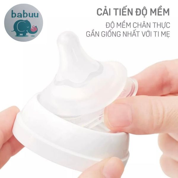 Núm Ti Cổ Rộng BABUU Silicon Siêu Mềm Thế Hệ Thứ 3 Có Chỉnh Khớp Ngậm Cho Bé, Đủ Size S, M,L