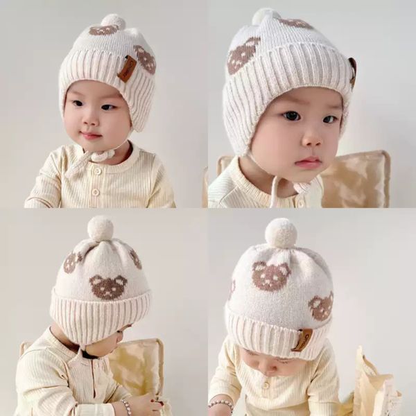 Mũ Nón Bịt Tai Mùa Đông Hoạ Tiết Gấu Cho Bé Trai Bé Gái, Có Dây Buộc