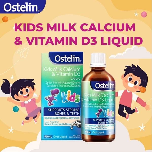 Canxi Và Vitamin D3 200IU Dạng Sữa Nước Ostelin Kids Milk Calcium & Vitamin D3 Liquid 90ml Của Úc Cho Bé 7M+